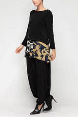 Soft Stretch Knit Tunic With Printed Handkerchief Hem - 7570T- BLK