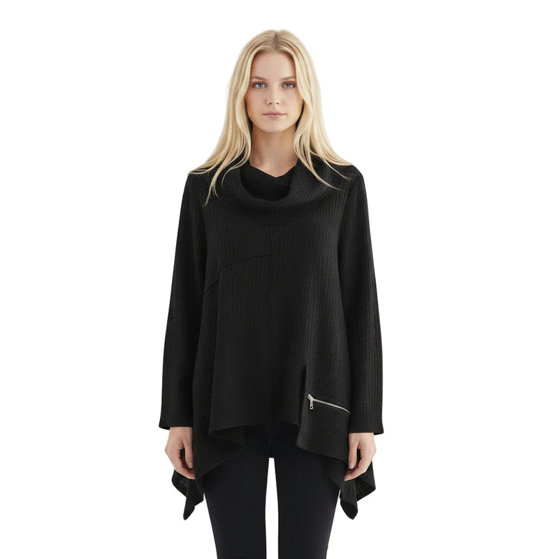 Asymmetric Textured Cowl-Neck Tunic in Black - 7727-BLK