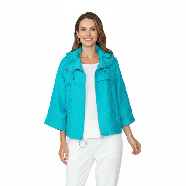 Floral Textured Zip Front Jacket in Turquoise - 7786J-TQ
