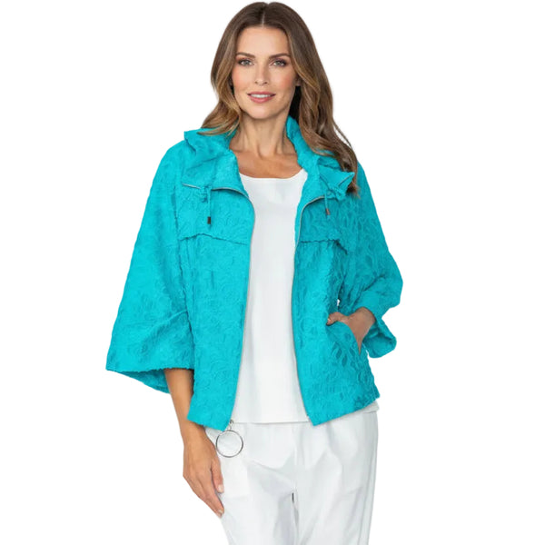 Floral Textured Zip Front Jacket in Turquoise - 7786J-TQ