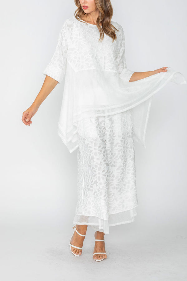 Elegant Floral Textured Tunic with Mesh Trim in White - 7798T-WHT