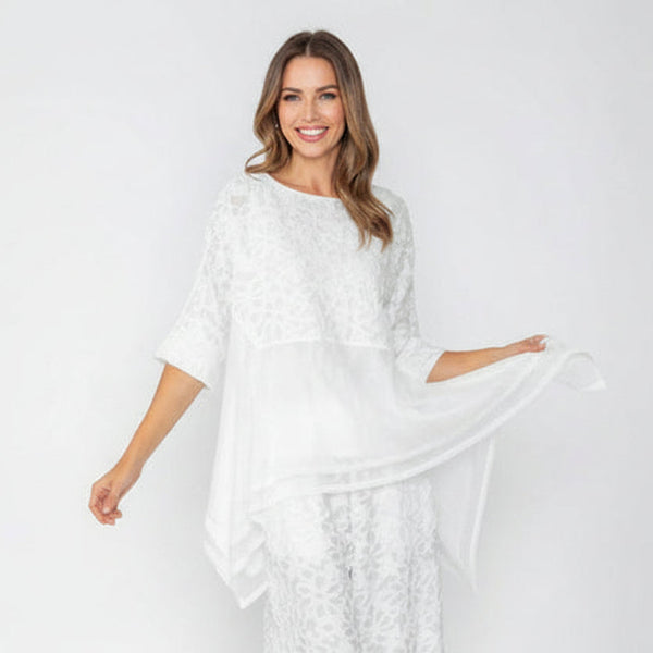 Elegant Floral Textured Tunic with Mesh Trim in White - 7798T-WHT