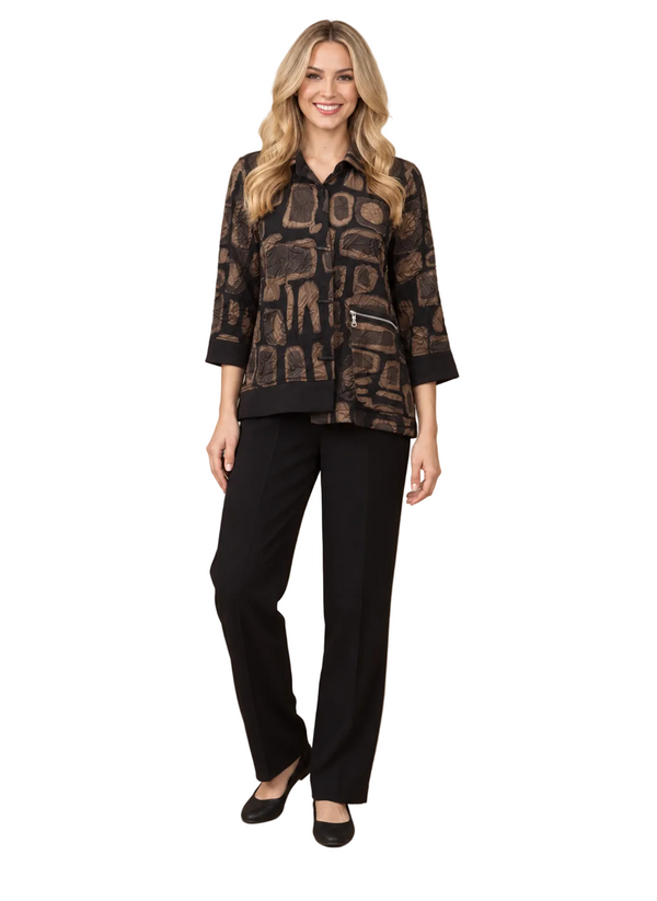 Abstract Print Asymmetric Jacket in Taupe, Brown & Black - 4317
