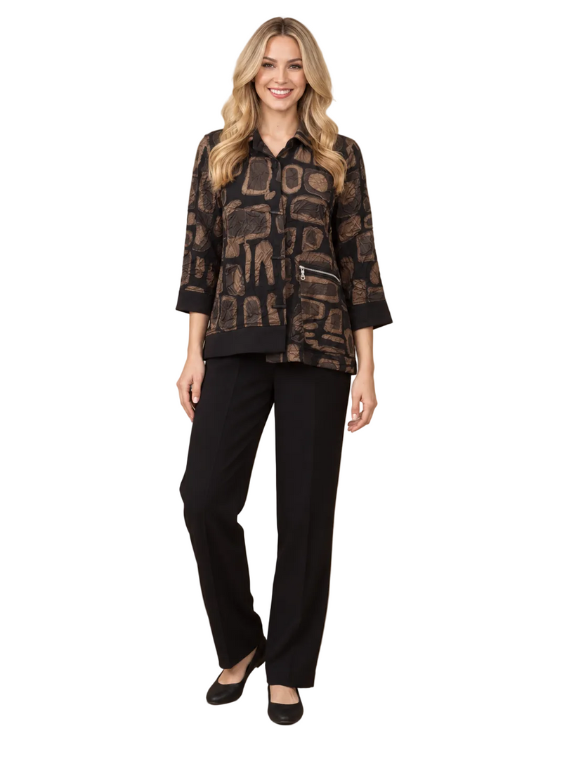 Abstract Print Asymmetric Jacket in Taupe, Brown & Black - 4317