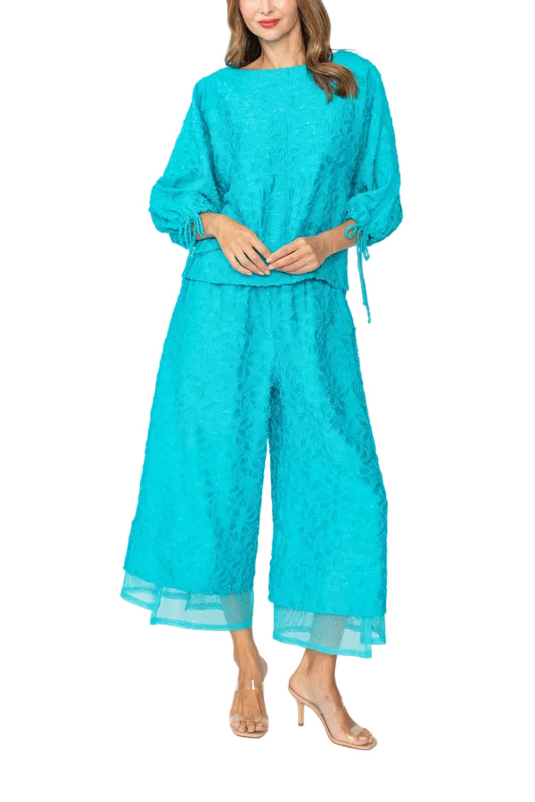 Floral Textured Ankle Pant in Turquoise - 7789P-TQ