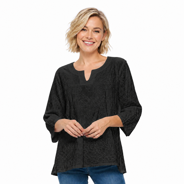 Floral Embroidered Voile Top in Black - EC420-BK