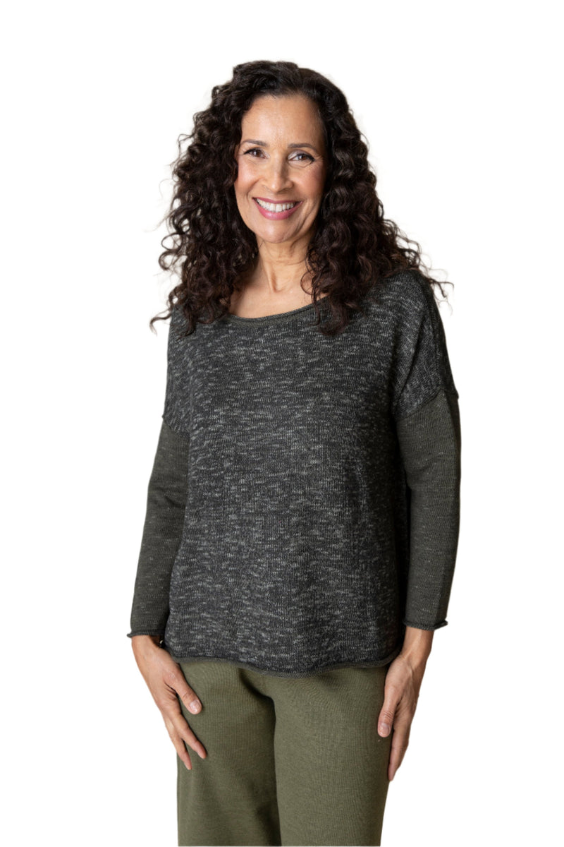 Habitat Salt & Pepper Mix Weekend Crew Neck Top in Olive  - 81418-OLV - Size S Only!