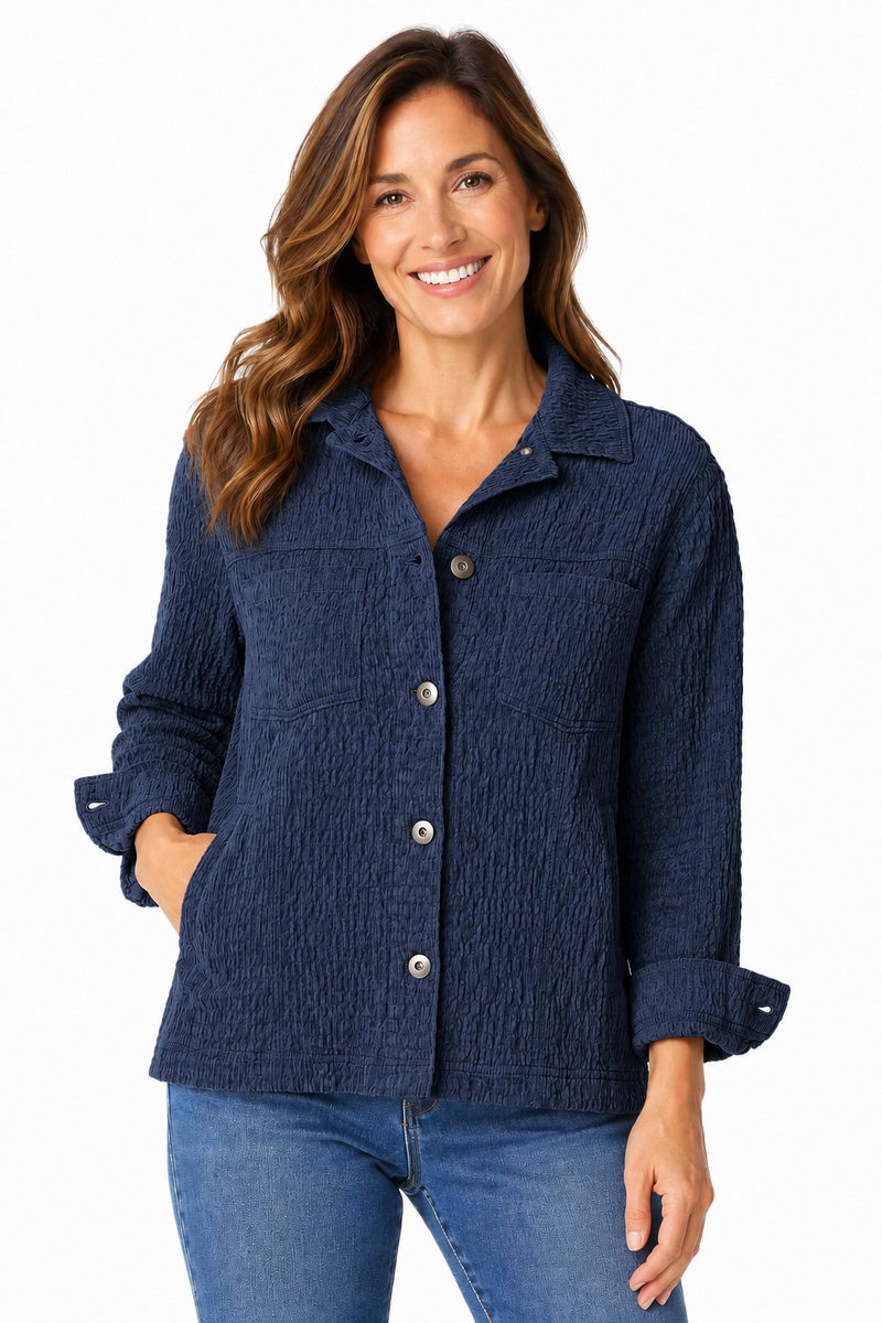 Textured Button-Front Jacket in Navy - 45411-NVY - Size M Only!