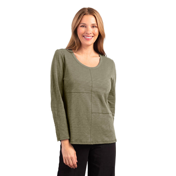 Habitat Peruvian Cotton Pebble Coverstitch Top in Olive - 27514-OLV - Size M Only!