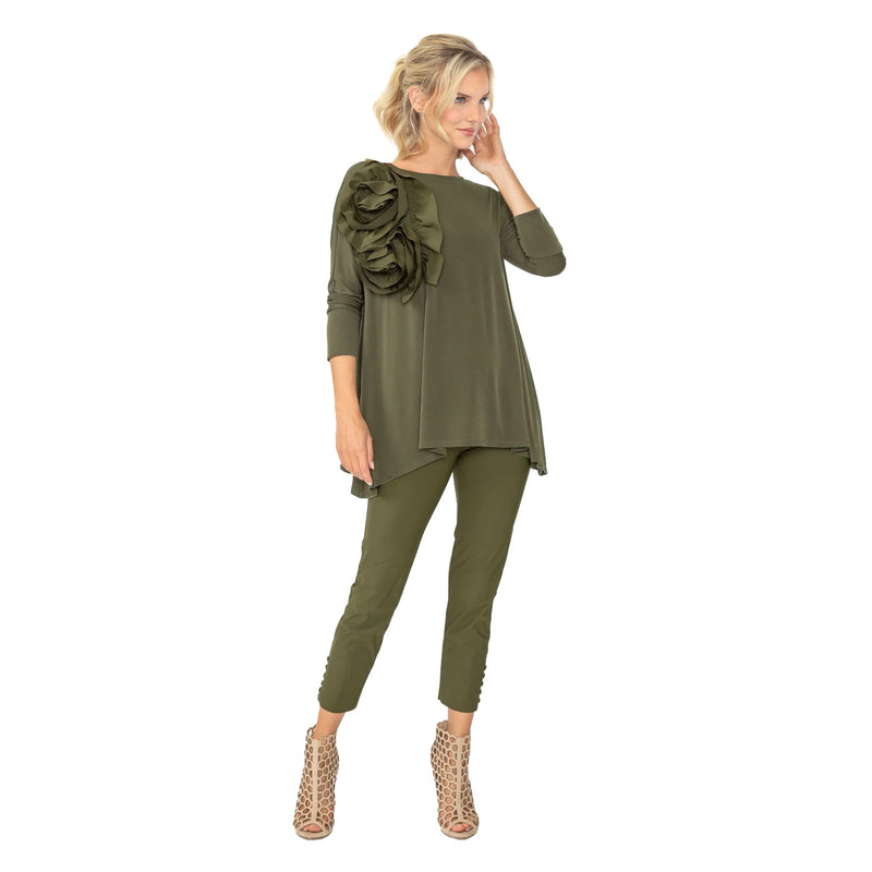 IC Collection Solid 3D Rose Applique Tunic in Olive - 5871T-OLV