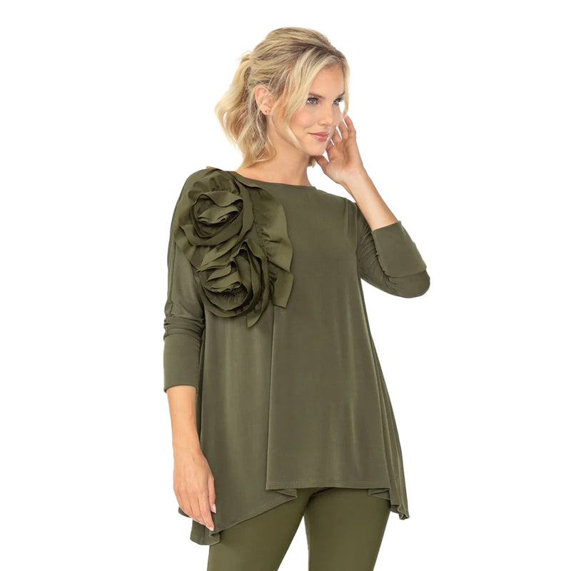 IC Collection Solid 3D Rose Applique Tunic in Olive - 5871T-OLV