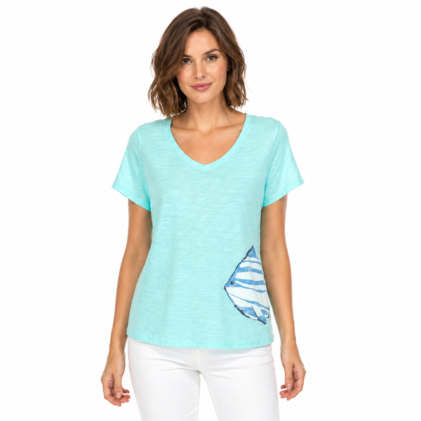 Playful Striped Fish Cotton V-Neck Tee - 48100