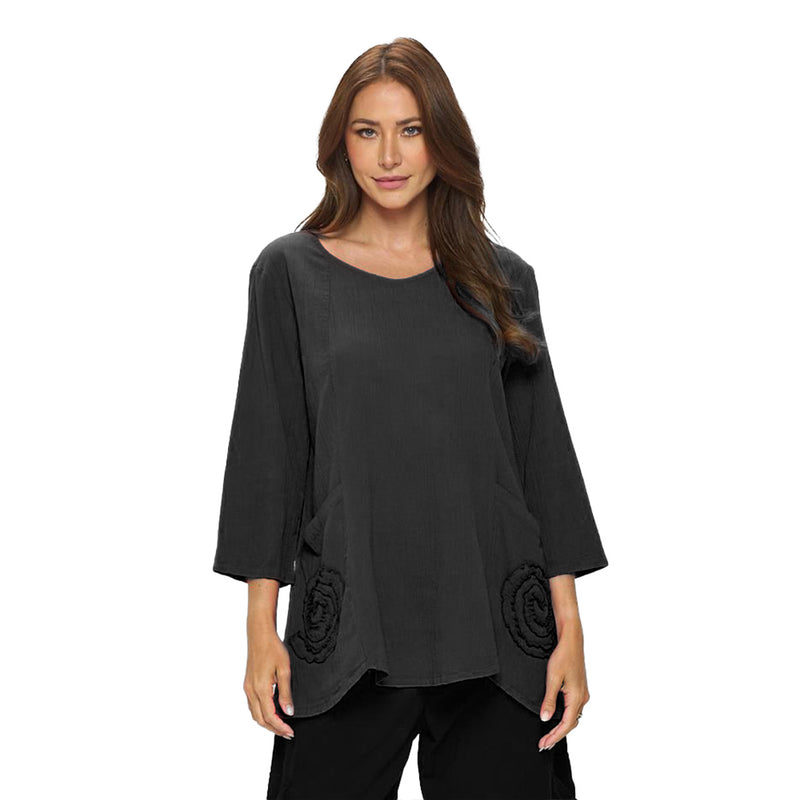 Focus V-Neck Tunic with / Rose Embroidery in Black - CG-201-BLK