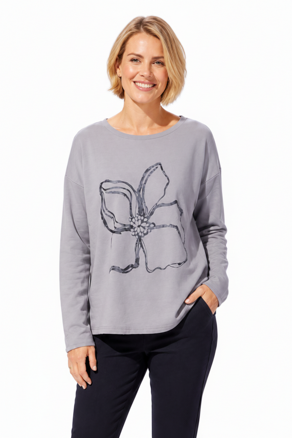 Fleece Floral Art Print Pullover in Fog - 44601 - Size M Only!
