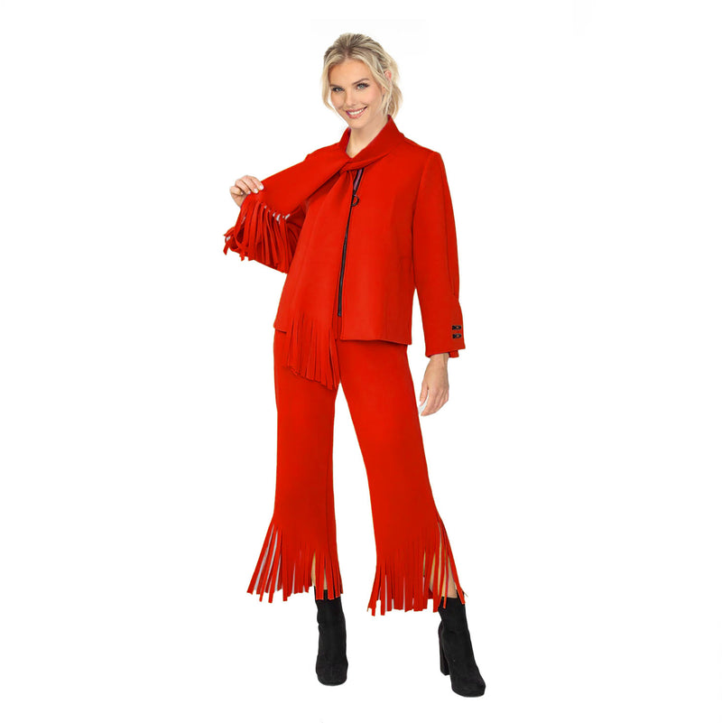 IC Collection Fringed Scarf Zip Front Jacket in Red - 6929J-RD