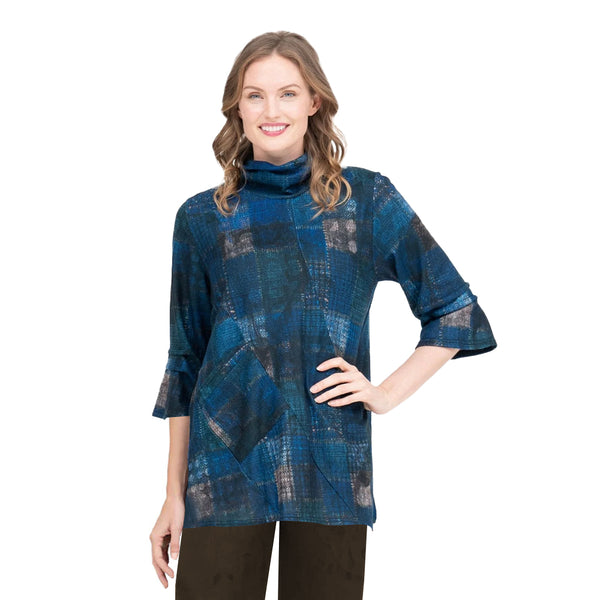 Multi Plaid Sweater Knit Tunic in Blue/Beige - 9217