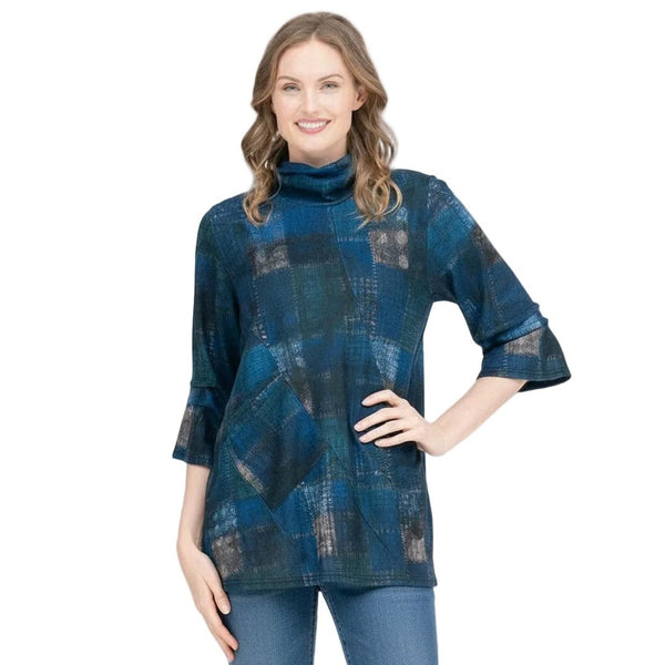 Multi Plaid Sweater Knit Tunic in Blue/Beige - 9217