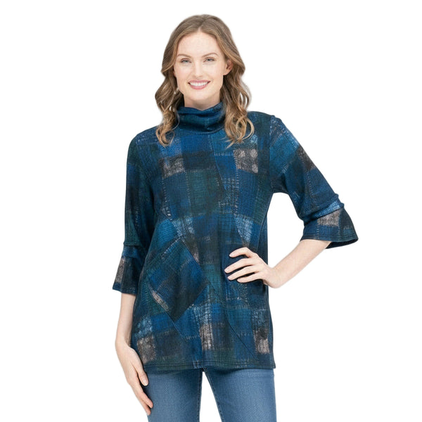 Multi Plaid Sweater Knit Tunic in Blue/Beige - 9217