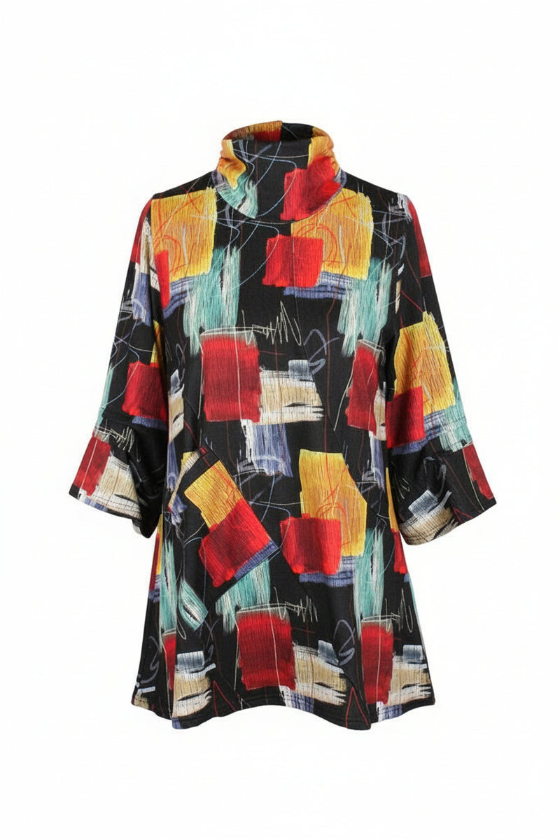 Abstract Brushstroke-Print Turtleneck Tunic in Multi - 9233