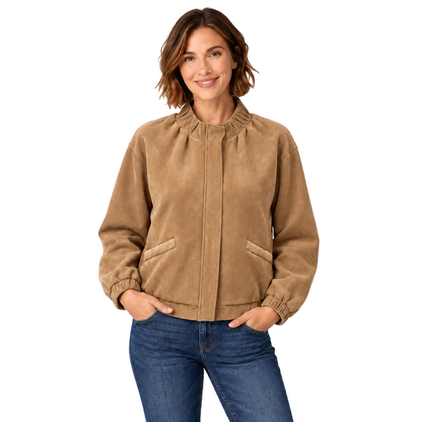 Soft Vegan Suede Zip-Front Jacket in Beige - 5125-BGE