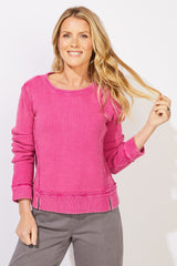 Mixed Waffle Knit Seamed Crew — fuchsia