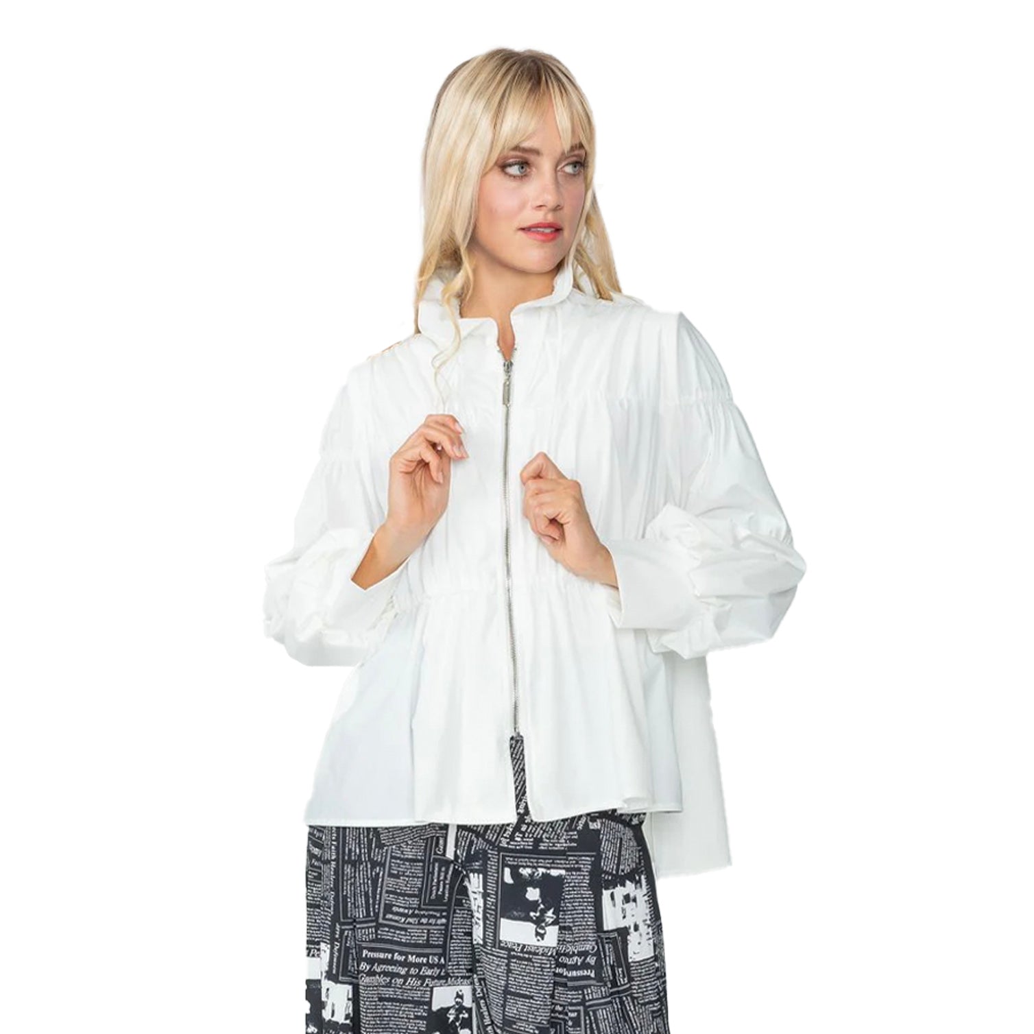 IC Collection Shirred Zip Front Jacket in White - 1395J-WHT – Shop My ...