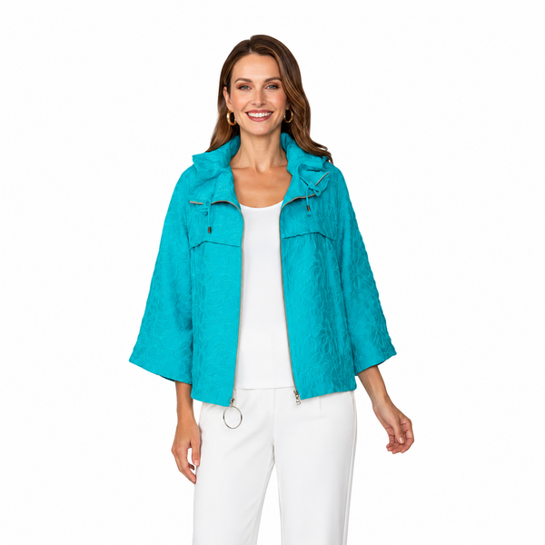 Floral Textured Zip Front Jacket in Turquoise - 7786J-TQ