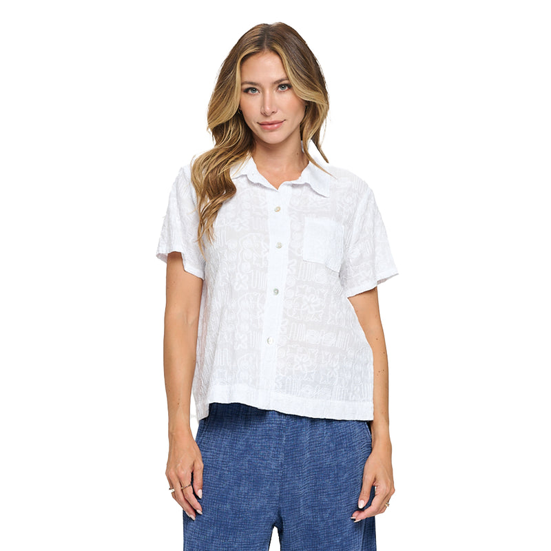 Aztec Embroidered Cotton Short Sleeve Shirt in White - EC-111-WT