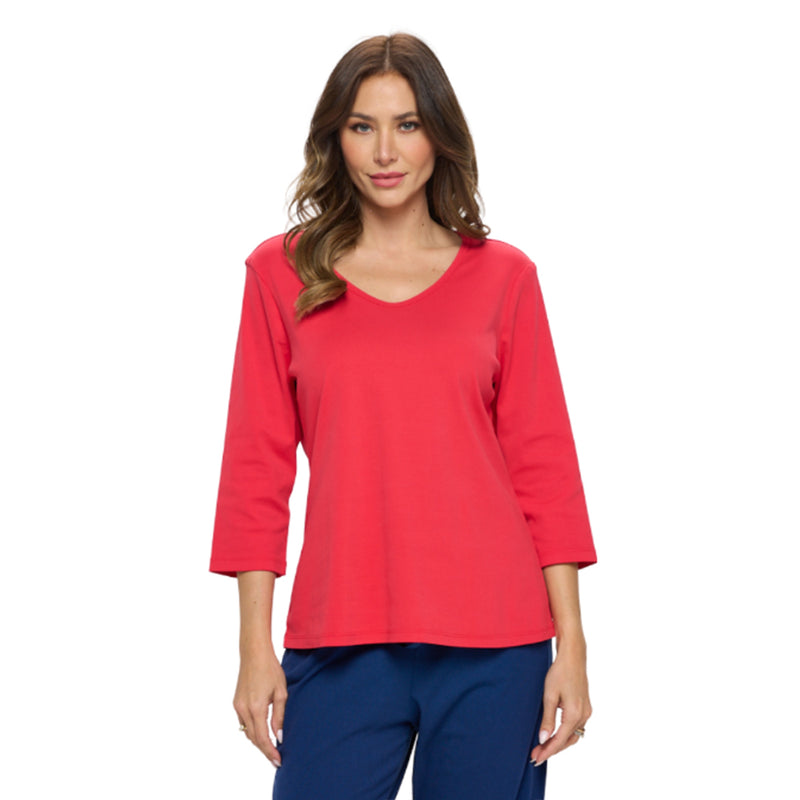 Focus V-Neck3/4 Sleeve Top in Red - T-35-RD