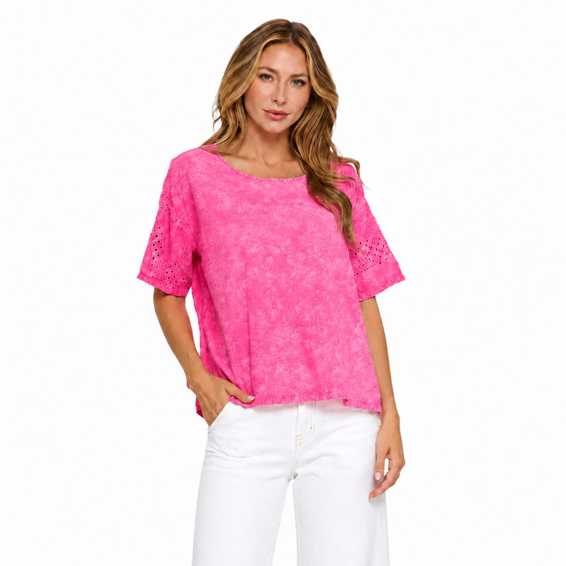 Mineral Washed Cotton Top in Fuchsia - V408-FS