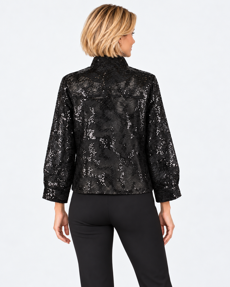Sequin Embroidered Zip-Front Jacket in Black - 2488-BLK