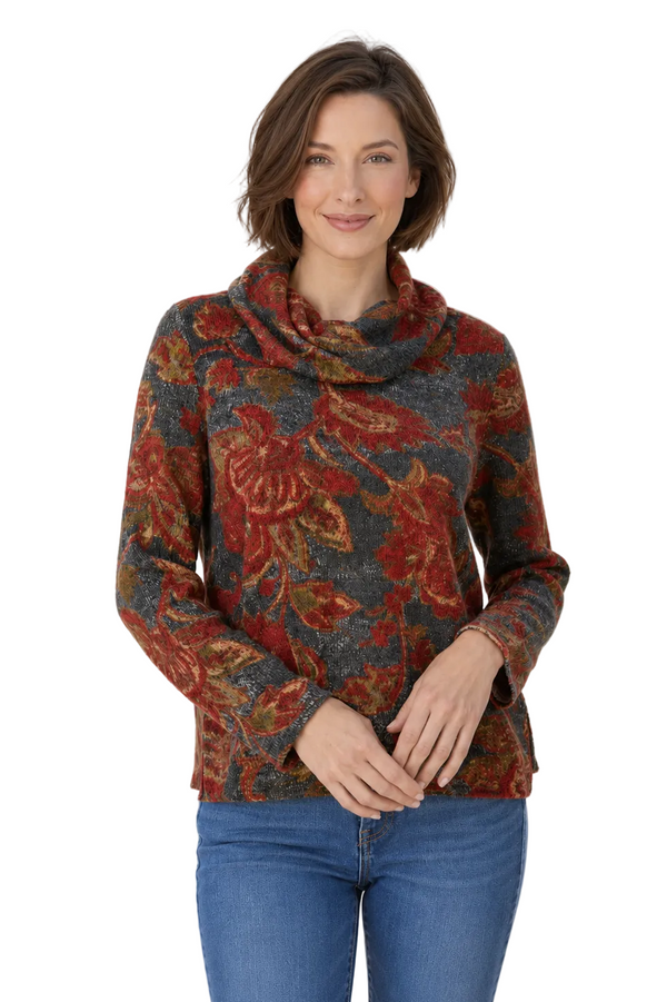 Paisley Sweater Knit Cowl Neck Top - 50939