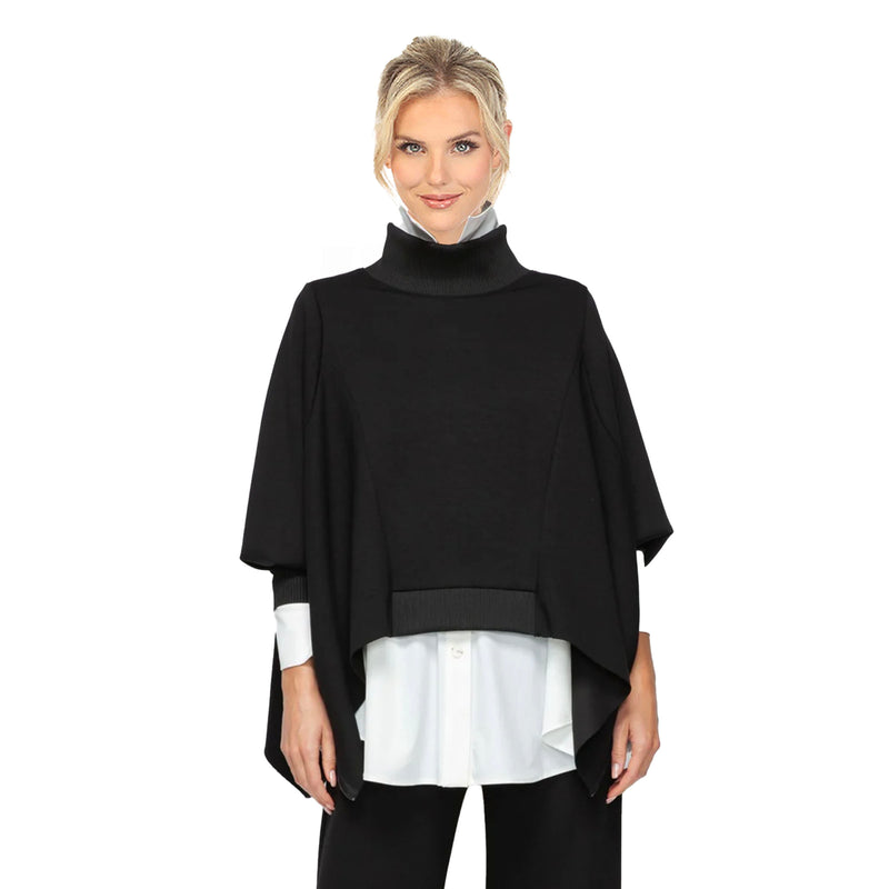 Fashion-Forward High Collar Poncho with Zip Sides in Black - 7136T-BLK