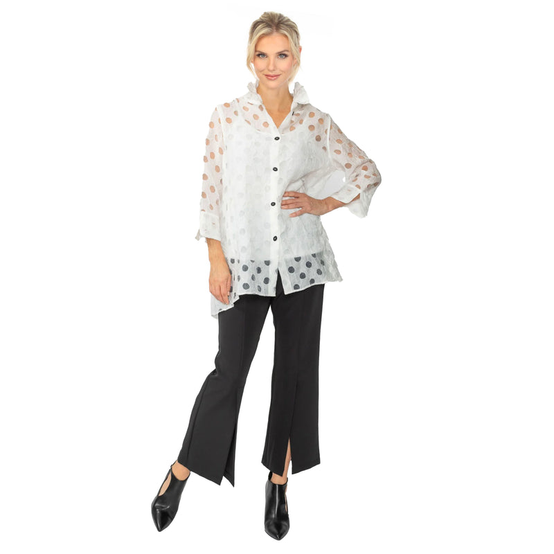 Just In! Polka-Dot Semi-Sheer Long Blouse in White - 7032J-WHT