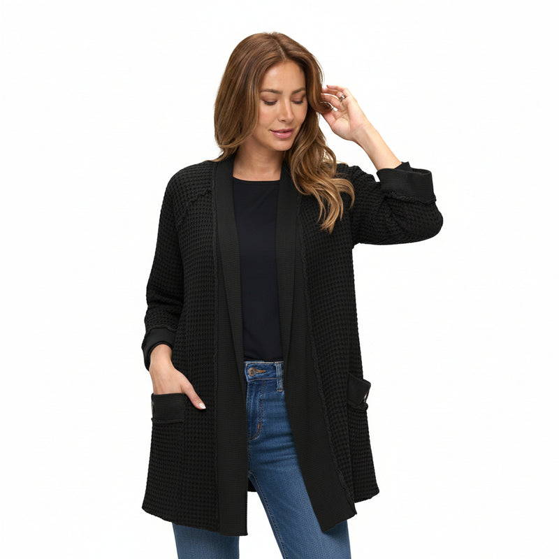 Open Front Waffle Cardigan Jacket in Black - BW104-BLK