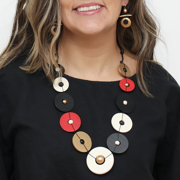 Aria Gold Black Red Bold Circle Statement Necklace