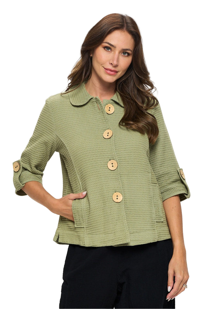 Olive Waffle Button Jacket - C695-OLV