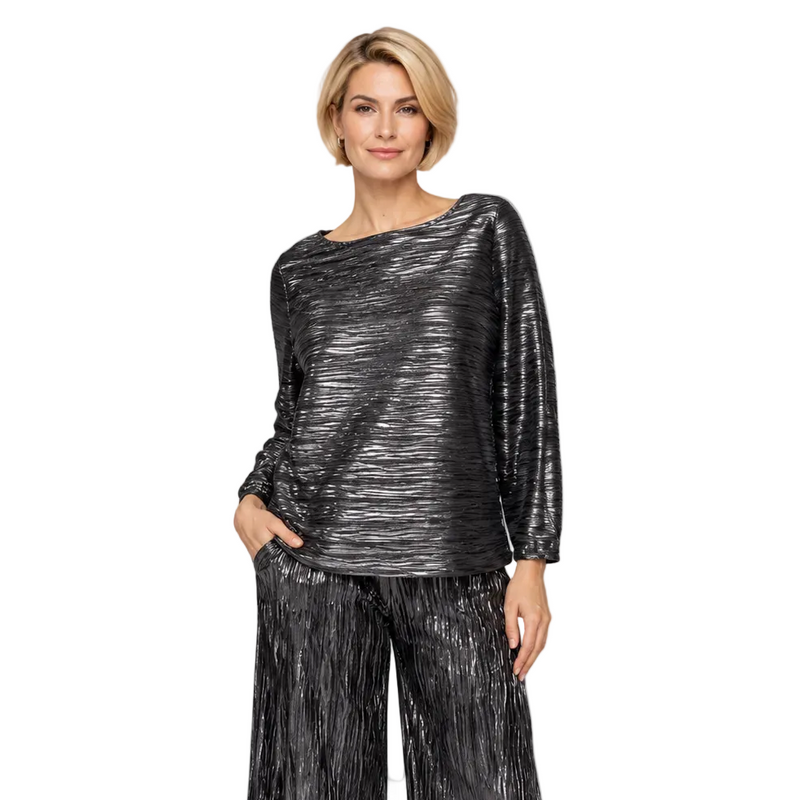 Metallic Foil Boat Neck Top - C1198T-BLK