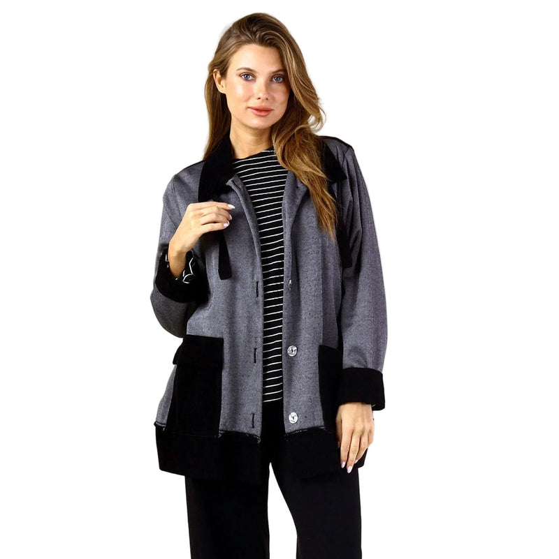 Soft Stretch Fleece & Corduroy Tie-Collar Jacket - C47031