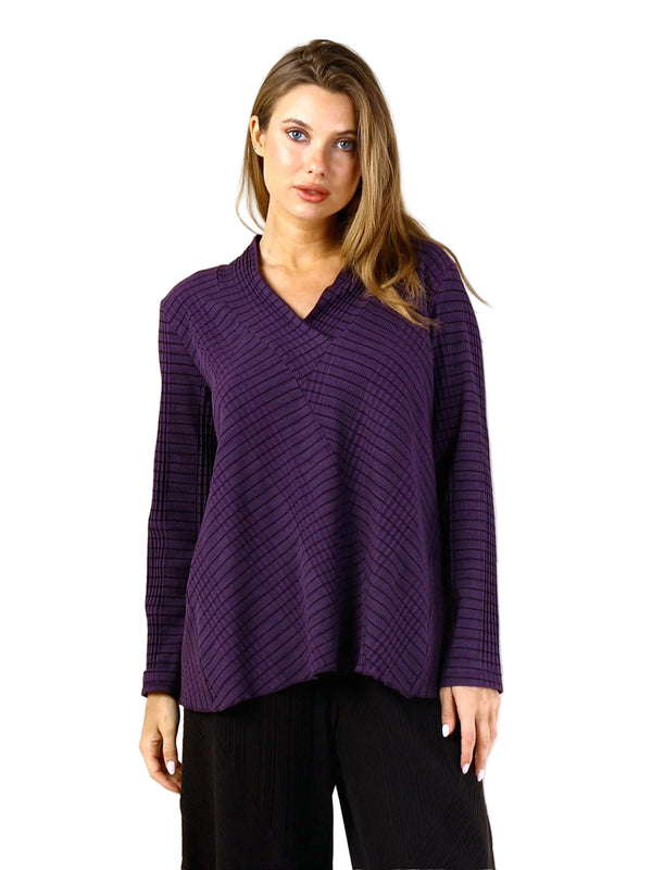 Soft Textured Pinstripe Knit V Neck Top in Mulberry - C47051