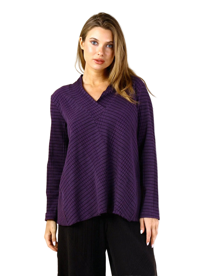 Soft Textured Pinstripe Knit V Neck Top in Mulberry - C47051