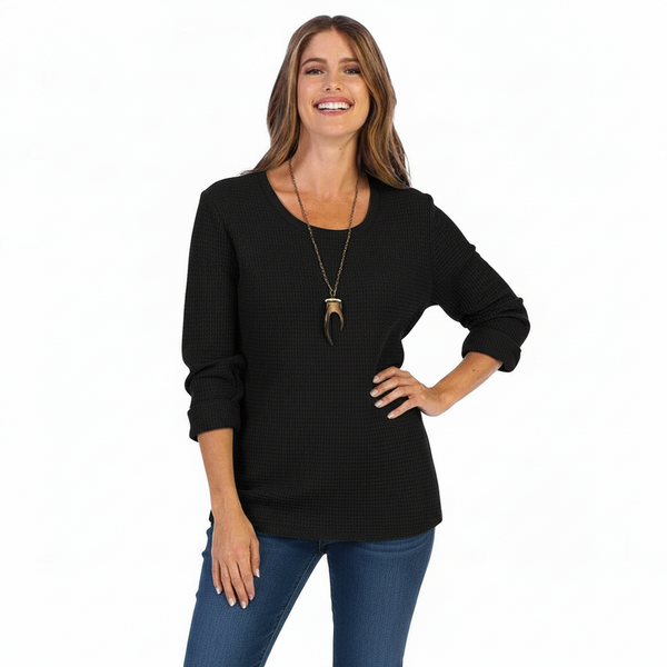 Waffle-Knit Top in Black - C519-BLK