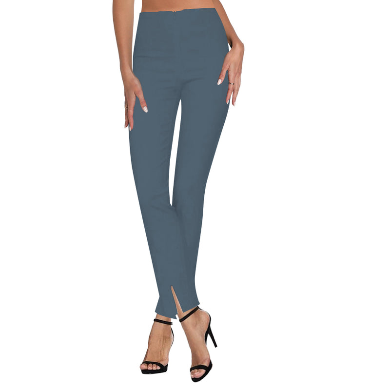 Klaveli Pants with Front Ankle Slits and Front Zipper in Chambray - KLA-CMB