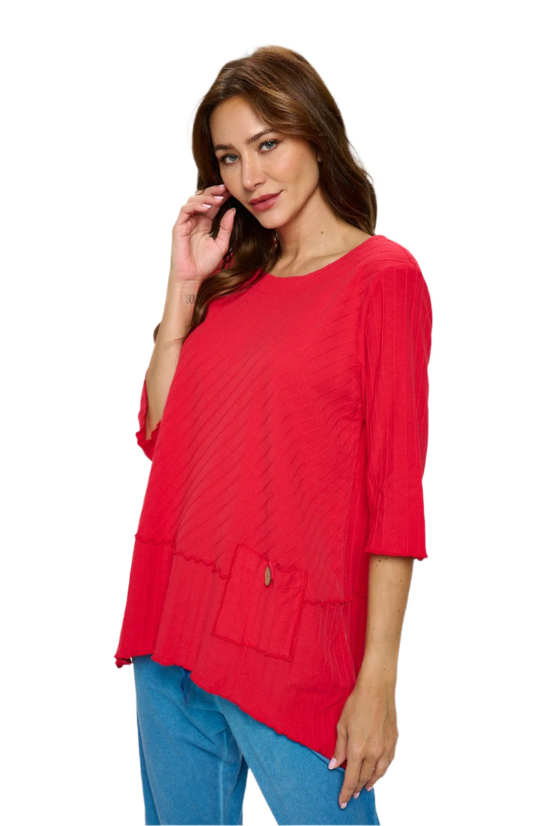 Cotton Rib-Stripe Tunic Top in Red - CS-303/389-RD
