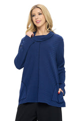 Diagonal Rib-Knit  Mock Neck Tunic in Navy - CS382-NVY