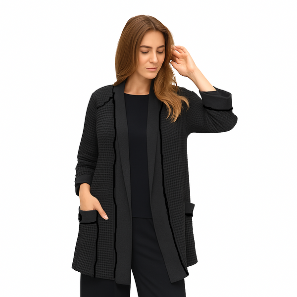 Open Front Waffle Cardigan Jacket in Black - BW104-BLK