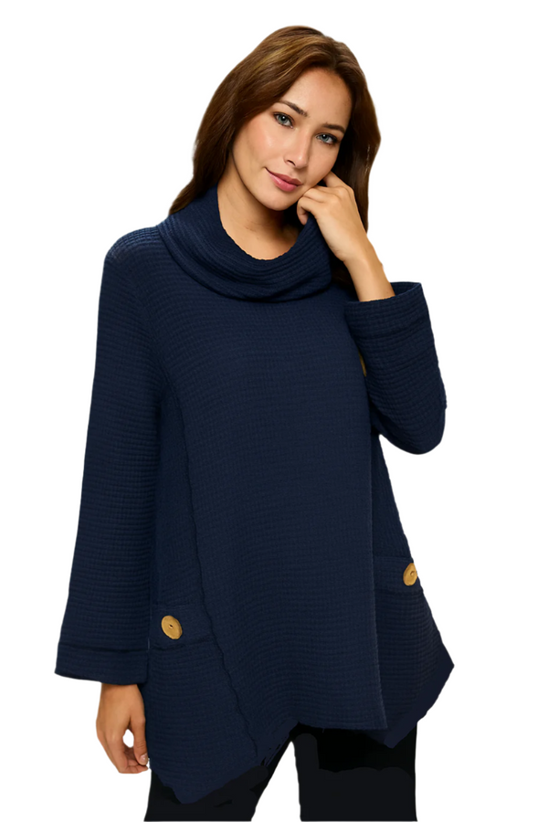 Waffle Textured Cowl-Neck Tunic in Navy - FW153-NVY - Size S