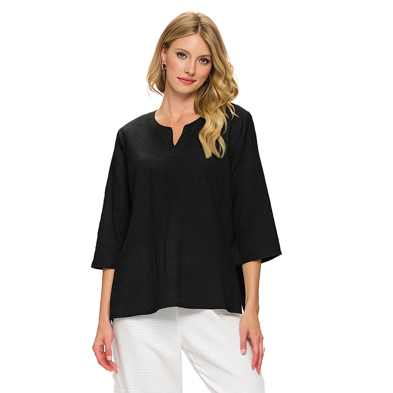 Floral Embroidered Voile Top in Black - EC420-BK