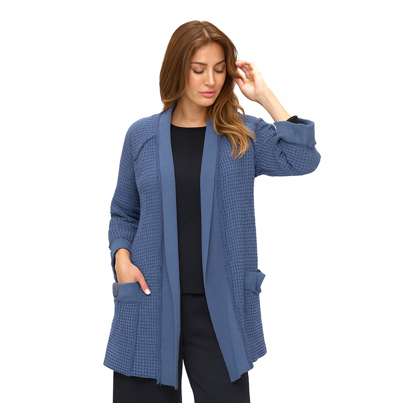 Open Front Waffle Cardigan Jacket in Blue Indigo - BW104-BLU