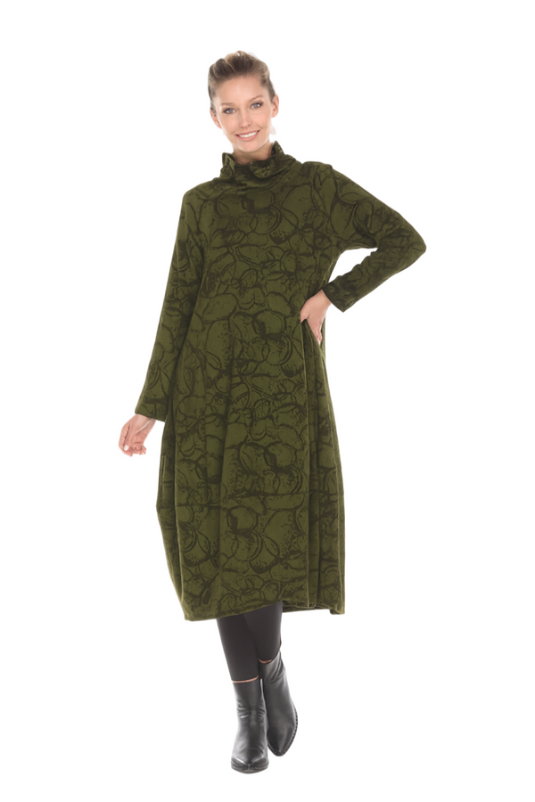 Squiggle-Print Midi Dress in Antique Gold Green - D-3157 - Size XL Only